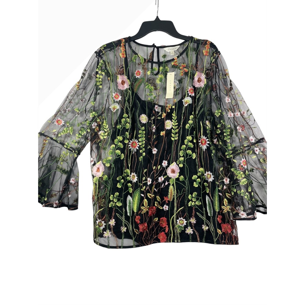Adiva Floral Embroidered Sheer Bell Sleeve Blouse Top Black 1X